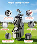 Golf Cart Bag With 14 Way Top Divider And Full Length Dividers 2 In 1 Design Dual Shoulder Straps Sturdy Support Legs Rain Cover Ample Storage Pockets Lightweight Polyester For Men And Women showing storage features and pockets.
