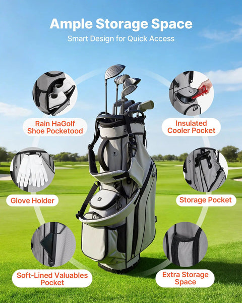 Golf Cart Bag With 14 Way Top Divider And Full Length Dividers 2 In 1 Design Dual Shoulder Straps Sturdy Support Legs Rain Cover Ample Storage Pockets Lightweight Polyester For Men And Women showing storage features and pockets.