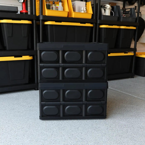Big Time Heavy Duty Collapsible Storage Bin With 16 Gallon Capacity, stacked in black, ideal for garage organization.