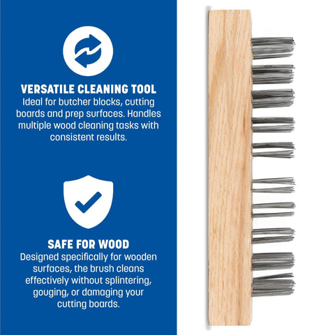 Heavy Duty Butcher Block Cleaning Brush For Cutting Boards In Commercial Kitchens With Steel Wire Bristles And A Tough As Nails Solid Block Handle Tan Finish 7.75 X 2.63 Inches Pack Of 12, side view showing bristles.