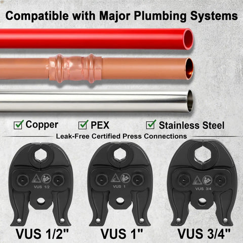 Heavy Duty 18V Cordless Electric Hydraulic Pipe Crimper With Three Jaws And Badass 32KN Force showcasing copper, PEX, and stainless steel pipes with crimping jaws.