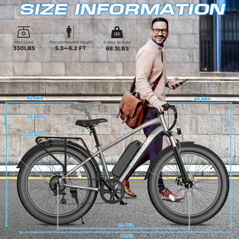 Beast 1000W Peak Electric Mountain Bike for Adults With 26 Inch Fat Tires detailed size chart and sleek design