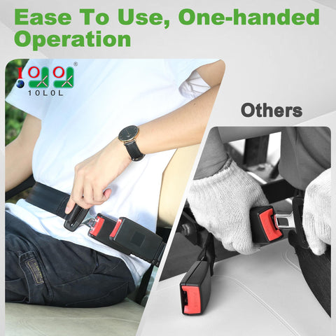 Person installing Universal Golf Cart Seat Belts Set Of 2 with 42 Inch Retractable Length, showing ease of use clip design.