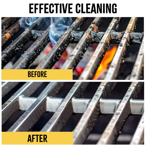 Before and after cleaning with Bristle Free Grill Brush For All Grills Rust Resistant Stainless Steel BBQ Cleaner.