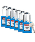 Blue Safety Lockout Padlock Six Pack Keyed Differently One Key Per Lock For Osha Compliant Lockout Tagout Programs Key Retaining Brass Cylinder Prevents Key Loss Nylon Body With Steel Shackles Lightweight Durable And Built Tough.