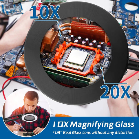 Floor Magnifying Glass With Light And Stand, 10X To 20X Magnification, 72 LED Lamp showing electronic circuit board close-up
