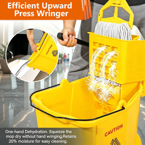 No Sweat Heavy Duty Commercial Mop Bucket On Wheels With Side Press Wringer And 35 Quart Size demonstrating efficient wringing action.