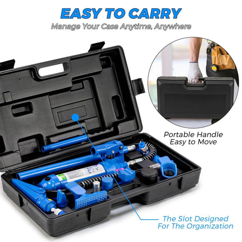 4 Ton Hydraulic Porta Power Kit For Truck And Car Frame Repair Includes Heavy Duty Auto Body Jack With 3.9 Ft Hose And Storage Case in carrying case.