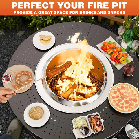 41 Inch Fire Pit Surround Tabletop With Wood Storage Shelf And Powder Coated Steel Surround, Raised Stand with food around fire pit