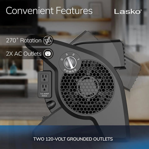 High Velocity Floor Fan 15 Inch Blower With 375 CFM Pivoting Utility Air Mover featuring dual outlet power, side view showing controls.