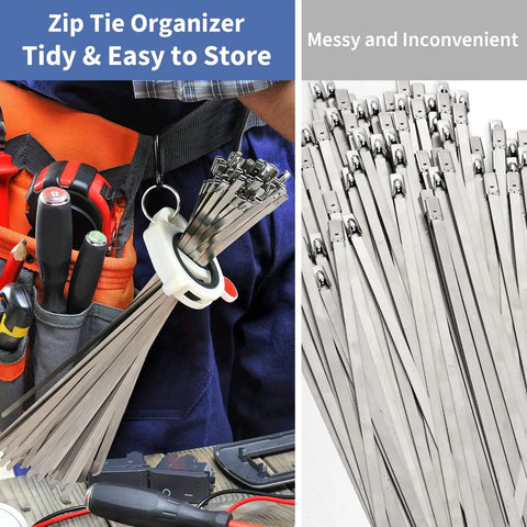 Heavy Duty Metal Zip Tie Gun Kit With Built In Cutter Stainless Steel Self Locking Zip Ties organizer and bundle close-up