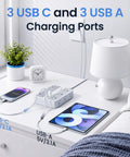 Chill And Charge While This Rock Solid Six Foot Surge Protector Power Strip with 3 USB A and 3 USB C ports on desk.
