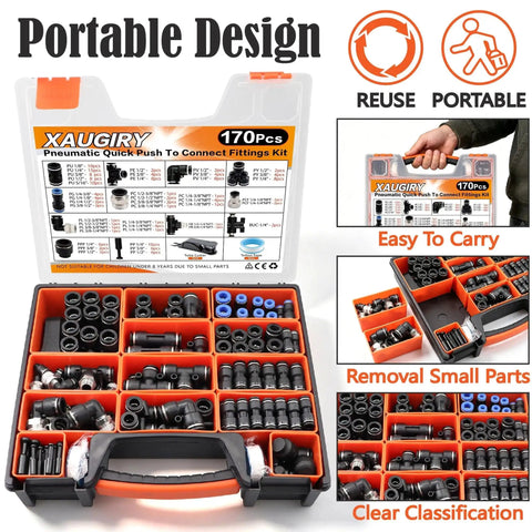 Kickstart Your Auto Repair Game With This Massive 170Pc Push To Connect Air Fittings Kit Featuring Five Essential OD Sizes And Twelve Connector Types Plus Teflon Tape And Cutter For Quick Brake Fixes And Factory Jobs. Portable 170-piece PBT plastic fittings case, easy to carry.