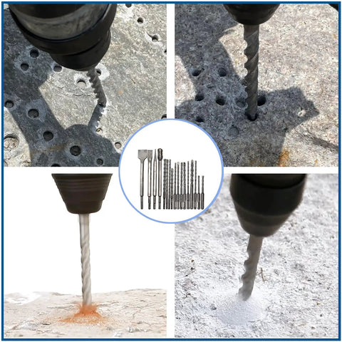 Go To 17 Piece SDS Plus Drill And Chisel Set For Concrete And Masonry, Carbide Tipped Rotary Hammer Bits demonstrating drilling