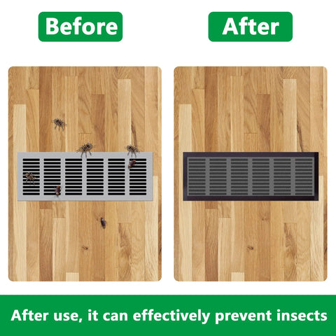 Comparison showing a floor vent before with insects and after with 8 Pack Magnetic Floor Vent Covers 5.5x12 Inch Rectangle PVC Mesh.