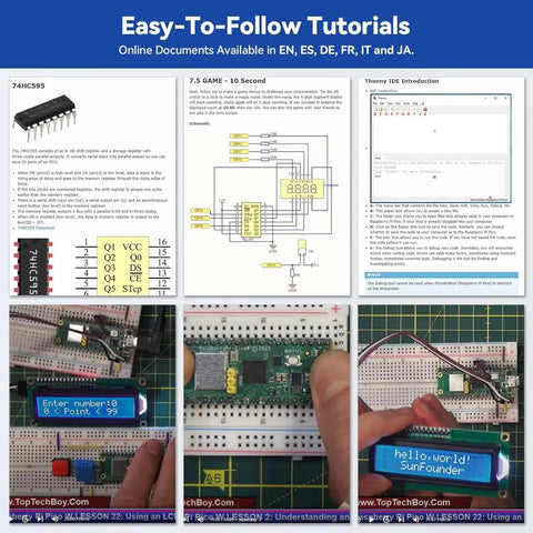Raspberry Pi Pico W Dope IoT Starter Kit with tutorial pages, LCD displaying messages, and breadboard setups with components.