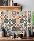 Boho Peel And Stick Wallpaper For Kitchen Backsplash Gray Pattern Vinyl Self Adhesive Removable 17.7 Inch By 393.7 Inch Covering 48.4 Sq Ft Easy To Install, installed behind a wooden kitchen counter with plants and jars.