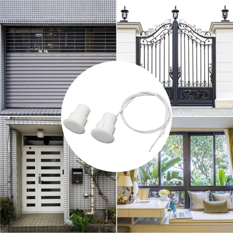 Lock It Down Easily With This Recessed Wired Door Contact Sensor shown in various home settings with white ABS housing and cable.