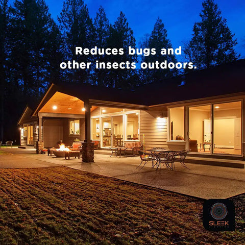 House exterior at night with Black Light 23 Watt Spiral CFL Bulbs 120V E26 Base UL Approved Energy Saver Pack Of 4 illuminating patio.