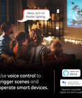 Family in home theater using Zigbee In Wall Paddle Dimmer With QuickFit And SimpleWire, voice control with Alexa and Google.