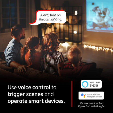 Family in home theater using Zigbee In Wall Paddle Dimmer With QuickFit And SimpleWire, voice control with Alexa and Google.