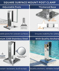 Top Tier Frameless Tempered Glass Railing Kit For Outdoor Decks, 44 Inch Height, showing adjustable stainless steel post clamp.