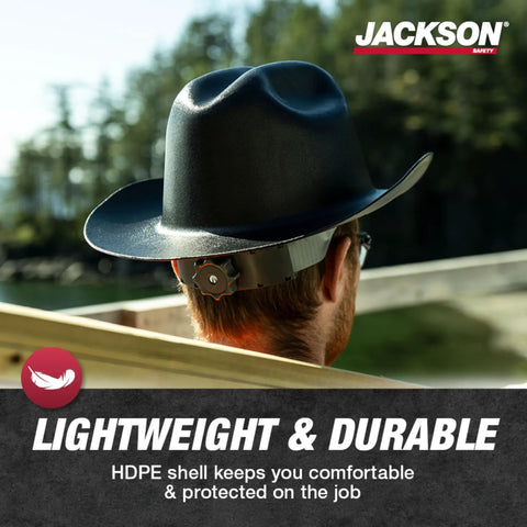 Man wearing Cowboy Style Nonvented Full Brim Hard Hat With 4 Point Ratchet Suspension ANSI Z89.1 Type 1 Class E
