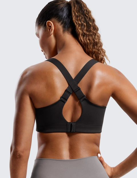 Back view of Zip Front High Impact Sports Bra With Molded Cups, Wireless Convertible Straps, Black, Size 36C