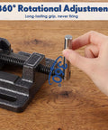 Person adjusting 4 Inch Heavy Duty Vise For Drill Press And Small Bench Vise Built Tough For Home Shop Projects Ideal For Filing Sanding Metalworking Woodworking And Equipment Maintenance Cast Iron Construction with handle