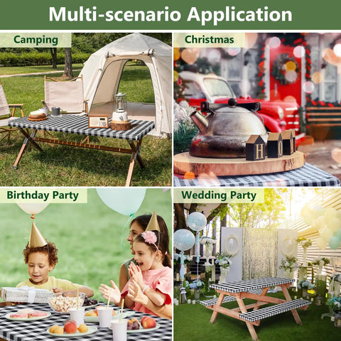 Picnic Table Cover With Bench Covers 72x30 Inches 3 Piece Set Elastic Edges used in various events like camping, Christmas, birthdays, weddings.