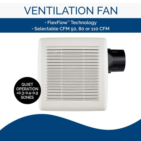 Energy Star Certified Bathroom Ventilation Fan With FlexFlow Technology Whisper Quiet 50 80 110 CFM For Bathrooms Up To 105 Sq Ft White Finish