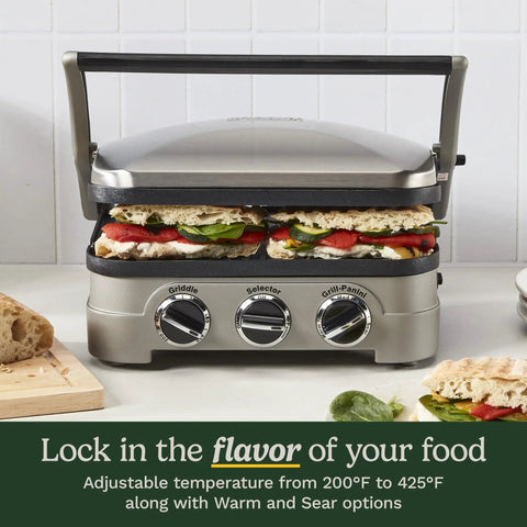 Top Notch Cuisinart 5 In 1 Griddler Indoor Grill Panini Press And Sandwich Maker With Dishwasher Safe Nonstick Cooking Plates Stainless Steel Finish in action with grilled sandwiches.