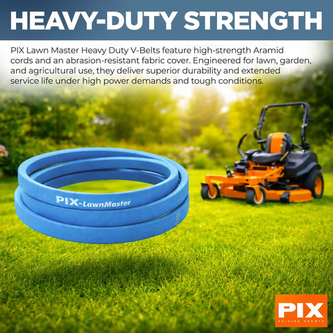 Aramid-Corded Blue Kevlar V-Belt 1/2 In W X 53 In OC for lawn mowers and garden machinery on grass with tractor in background.
