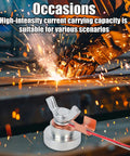 Two Pack Welding Magnetic Grounding Clamps For Secure Metal Work in use with sparks flying, highlighting clamp and welding action