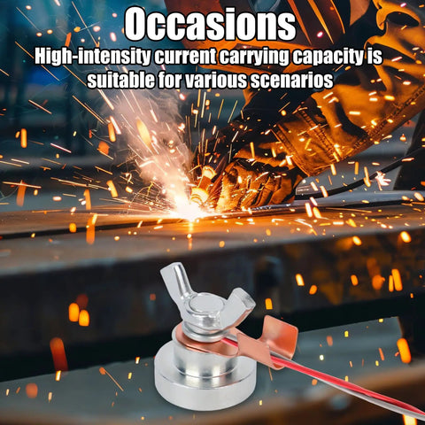 Two Pack Welding Magnetic Grounding Clamps For Secure Metal Work in use with sparks flying, highlighting clamp and welding action