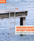 Removable Four Step Dock Ladder With Aluminum Alloy Pontoon Boat Access, 500 Lbs Capacity, 3.1 Inch Wide Nonslip Steps With Mat, Easy Install For Boat Lake Pool And Marine Boarding. Four-step aluminum dock ladder mounted on a wooden dock over water.