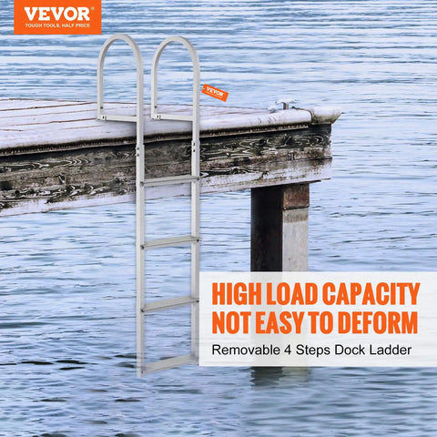 Removable Four Step Dock Ladder With Aluminum Alloy Pontoon Boat Access, 500 Lbs Capacity, 3.1 Inch Wide Nonslip Steps With Mat, Easy Install For Boat Lake Pool And Marine Boarding. Four-step aluminum dock ladder mounted on a wooden dock over water.