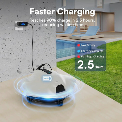 Cordless Robotic Pool Cleaner For Above Ground Pools With 40W Suction, Dual Cleaning System charging near poolside