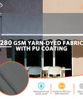 12x10 Ft Manual Retractable Outdoor Patio Awning With Easy Crank Handle, gray fabric over patio, waterproof and UV protection icons shown