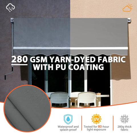 12x10 Ft Manual Retractable Outdoor Patio Awning With Easy Crank Handle, gray fabric over patio, waterproof and UV protection icons shown