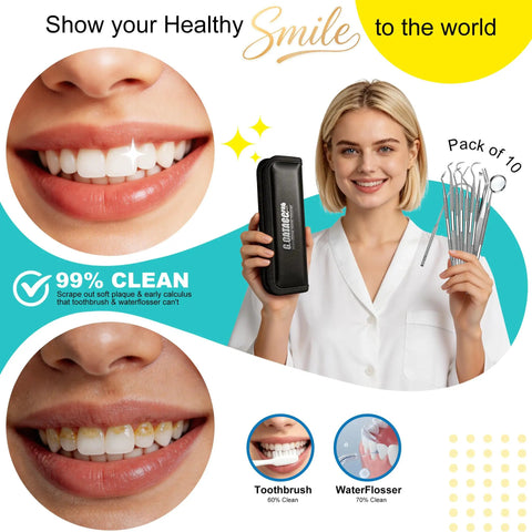 10 In 1 At Home Dental Tools Set For Pro Grade Deep Plaque And Tartar Removal With Mirror, Tweezers, Tongue Cleaner, Dental Scrapers And Picks In A Stainless Steel Hygiene Kit With Case