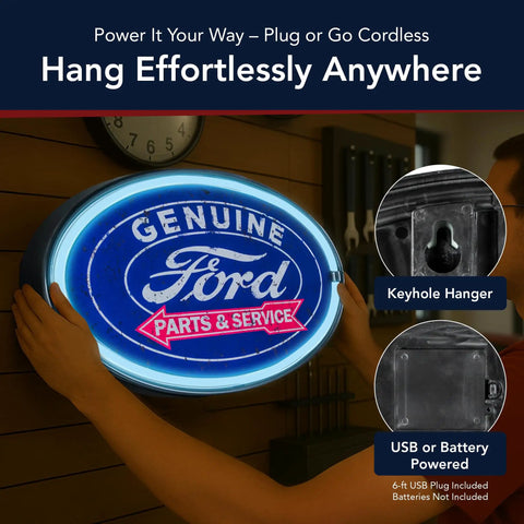 Hands holding a blue LED neon rope wall sign shaped like a classic Ford logo with buzz-free battery or USB power, suitable for bars or game rooms.