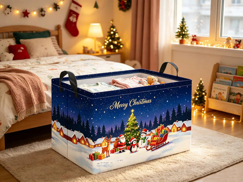 Heavy-Duty Rectangular Christmas Basket With Waterproof Polyester Canvas Storage Bin, fits clothes and gifts, festive design, cozy bedroom.
