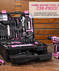 Pink Tool Kit Box Drill Set For Home DIY Enthusiasts, 238-piece set open with 12V cordless drill and hand tools in storage organizer case.