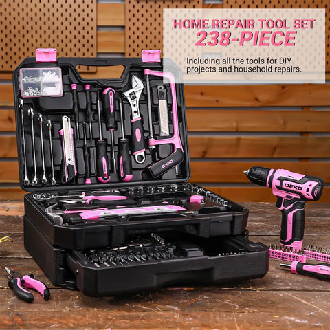 Pink Tool Kit Box Drill Set For Home DIY Enthusiasts, 238-piece set open with 12V cordless drill and hand tools in storage organizer case.