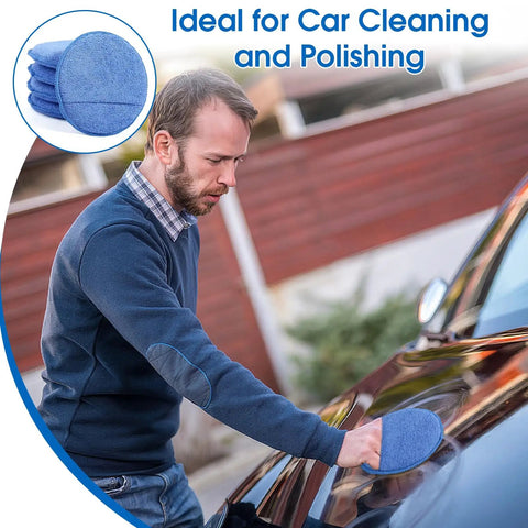 Man using blue 10 Pack Wax Applicator Pads With Finger Pocket, Slick Microfiber Foam Blend Car Wax Applicators on car hood.