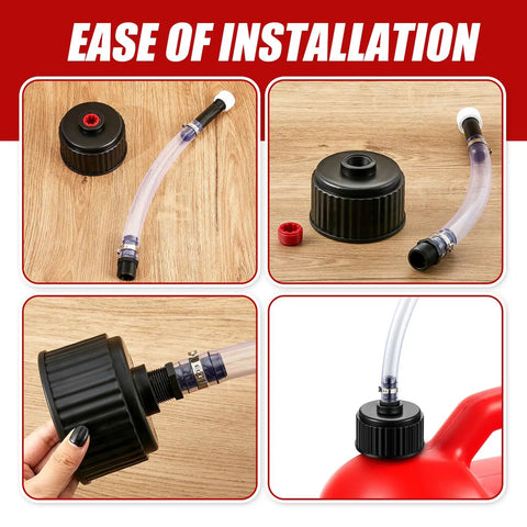 4 Piece Racing Fuel Jug Cap Kit With 2 Caps And 2 Hoses For 5 Gallon Gas Cans shown in installation steps