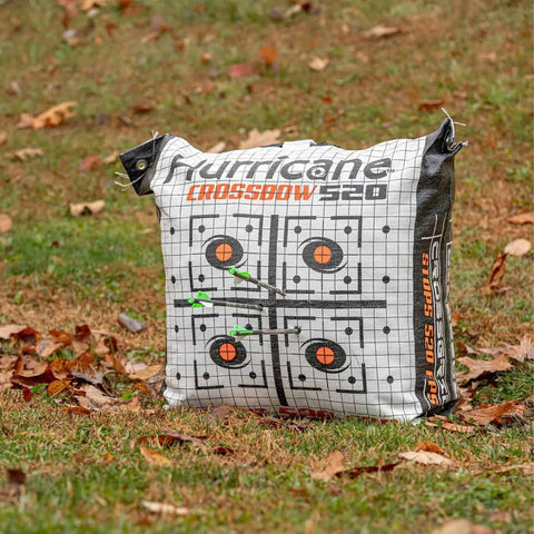 Dual Sided Crossbow Target Bag For High Velocity Practice Up To 520 FPS with bright orange grid and clear aiming points.