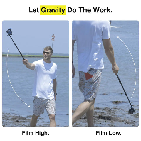 Hydraulic Leveling Mount For Action Cameras in use filming high and low angles near water, showing ultra smooth motion support.