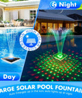 Upgraded Solar Fountain With Killer Light Show For Pools, large square floating pool fountain with anchor in daylight and at night